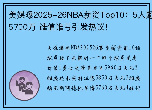 美媒曝2025-26NBA薪资Top10：5人超5700万 谁值谁亏引发热议！